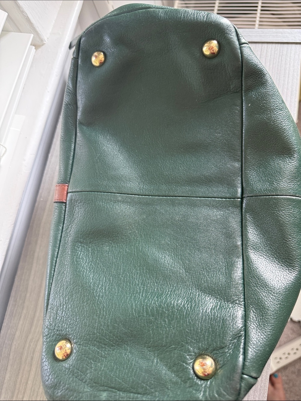 Isaac Mizrahi Dark Green Leather Messenger Bag with Brown Trim - Picture 8 of 9